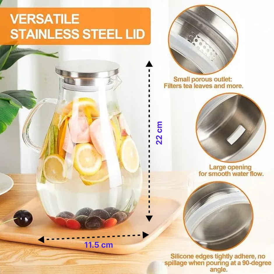 Femora Borosilicate Glass Water Jug With Handle Juice Beverage Carafe 1.8 Ltr (Bpa Free)