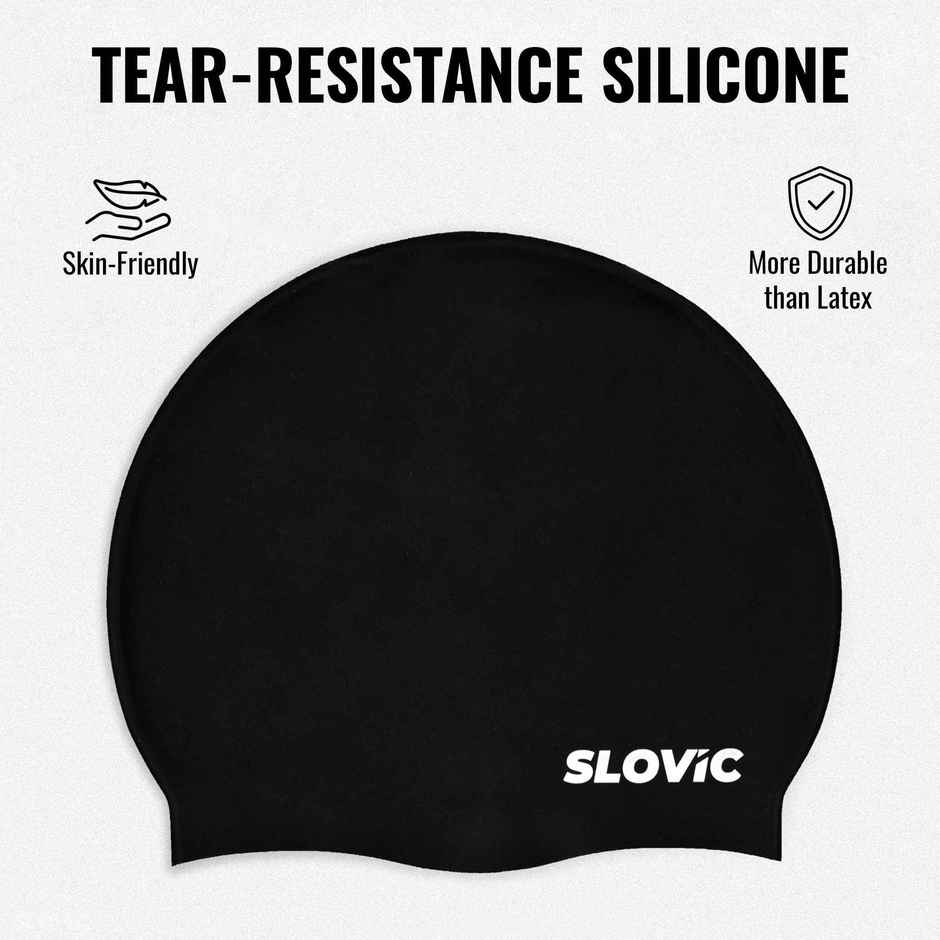 Slovic Black Silicone Swimming Cap for Adults | Waterproof, Stretchable & Comfortable Fit|Free Size