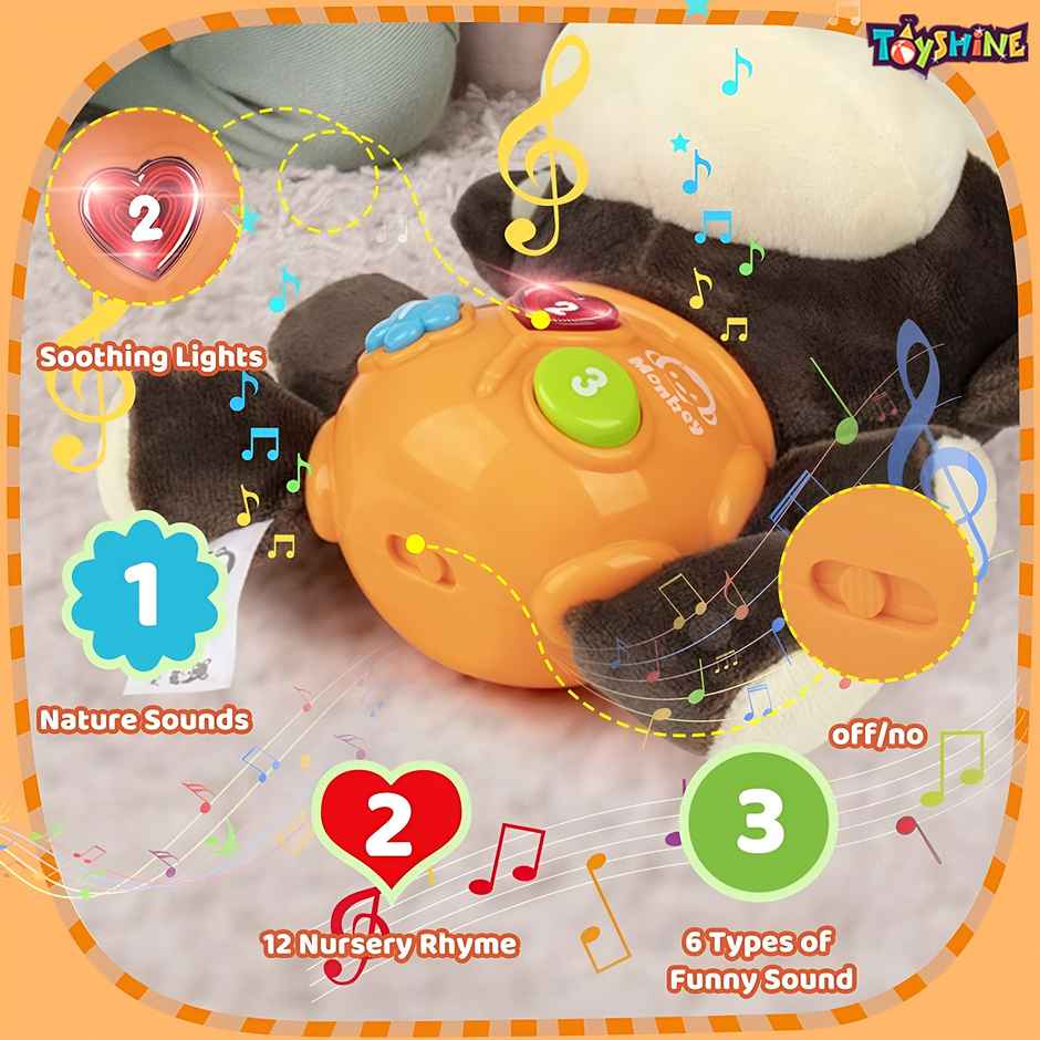 Toyshine Stuffed Musical Monkey With Lights | Educational Toy For Infants | Above 6 Months Age