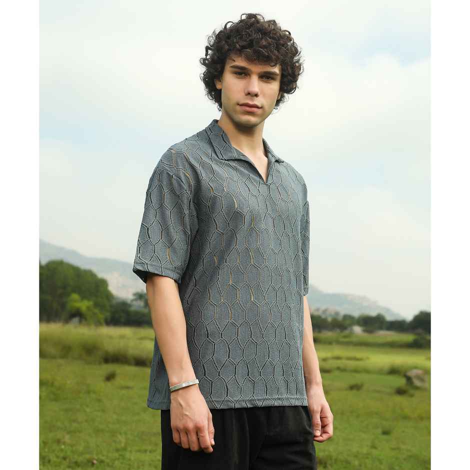 Campus Sutra Men's Honeycomb - Knit Polo T-shirt | Moon Grey - S