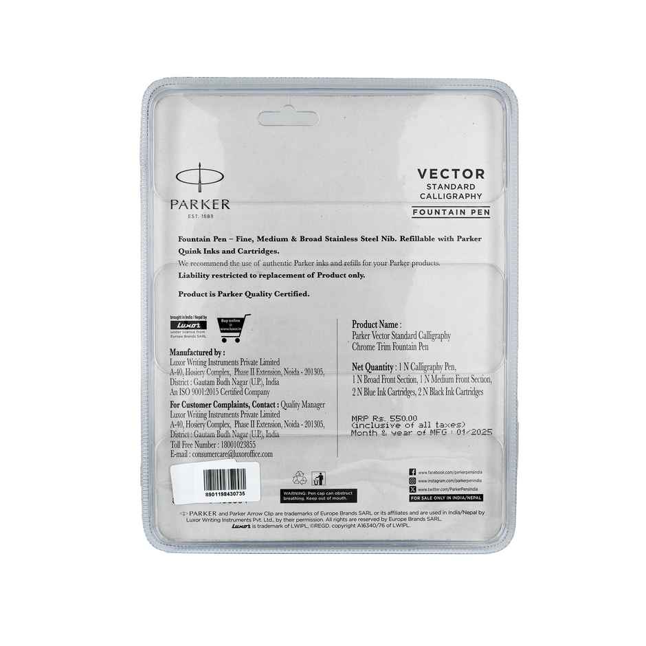 Parker Vector Standard Calligraphy Chrome Trim Fountain Pen Blue Body(Blue Ink)