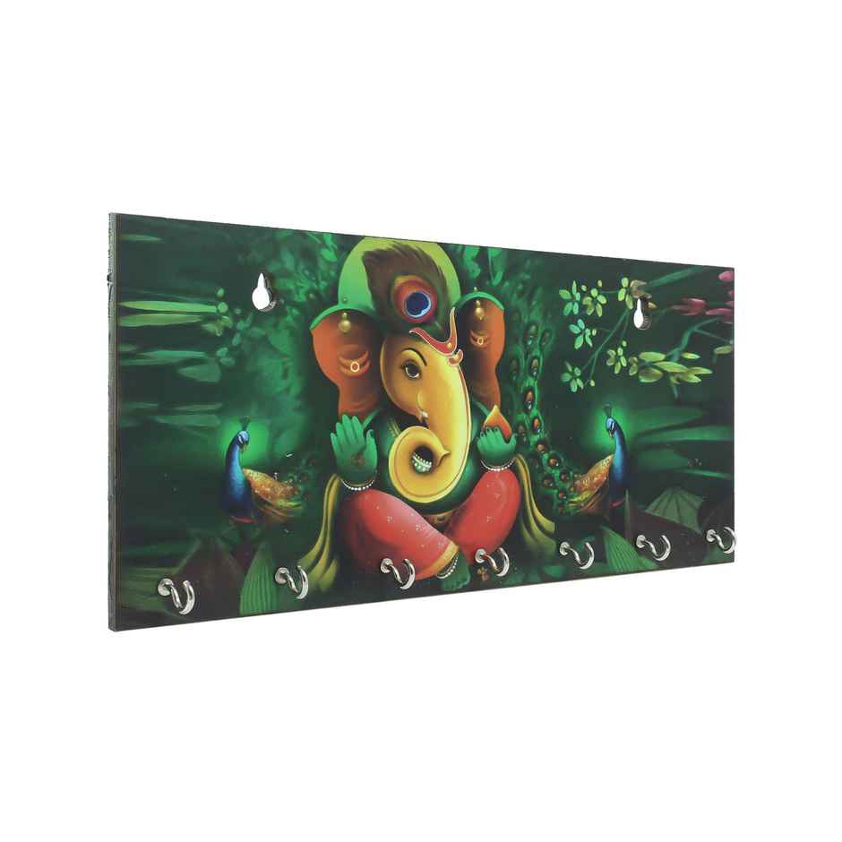 eCraftIndia Lord Ganesha With Peacock Designer Wooden Key Holder With 7 Hooks For Wall
