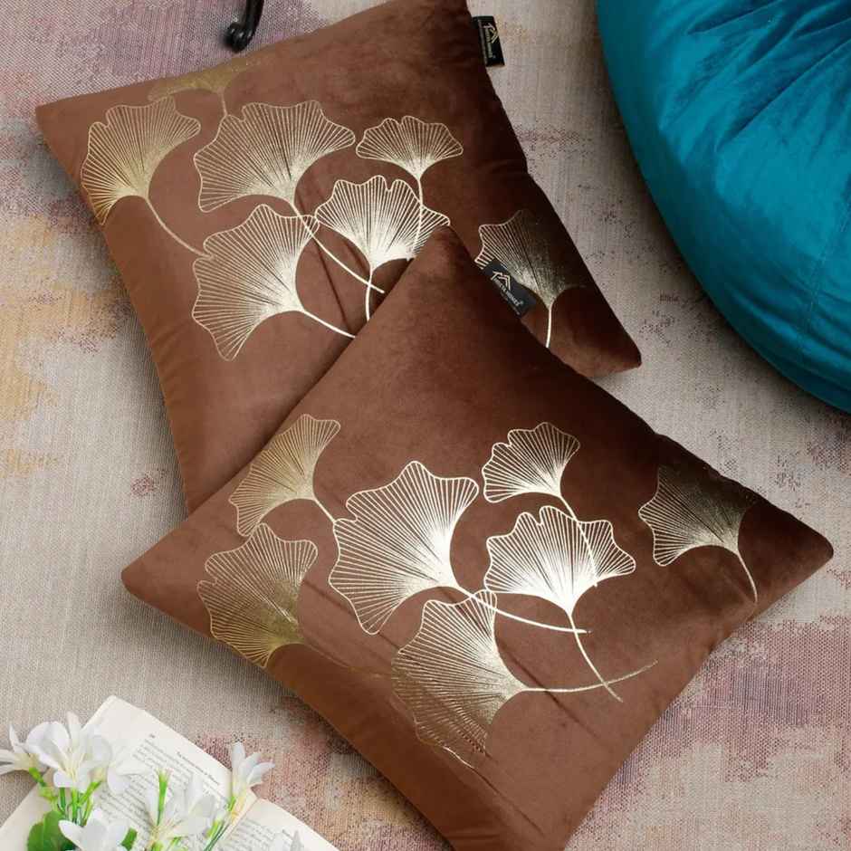 Hosta Homes Soft Velvet Leaf Pattern Golden Foil Printed Brown Cushion Covers | Pack of 2