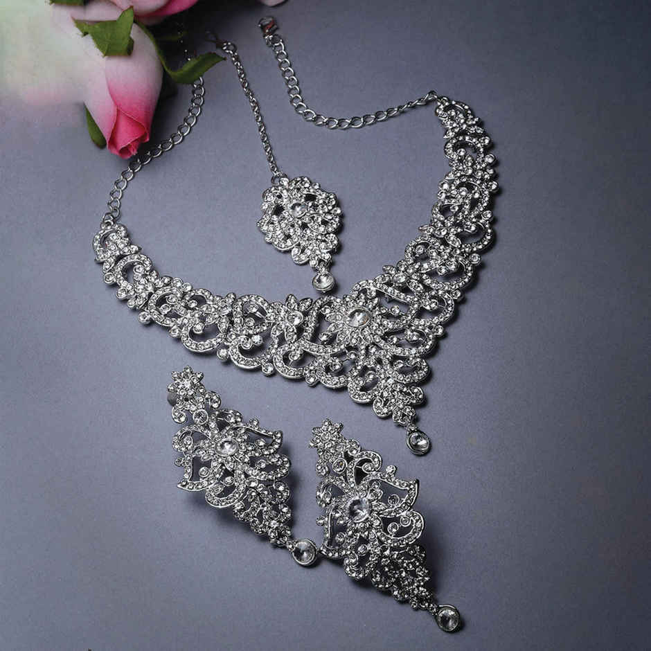 Sukkhi High-Fashion Rhodium Plated Silver Stone Studded Floral Choker Necklace Set