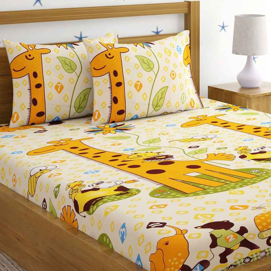 Hosta Homes 220 Gsm Glaced Cotton Jungle Giraf Printed Double Bed Sheet With 2 Pillow Covers