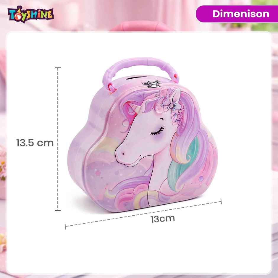 Toyshine Unicorn Metal Piggy Bank Lock and Key Kids Savings Box | Purple