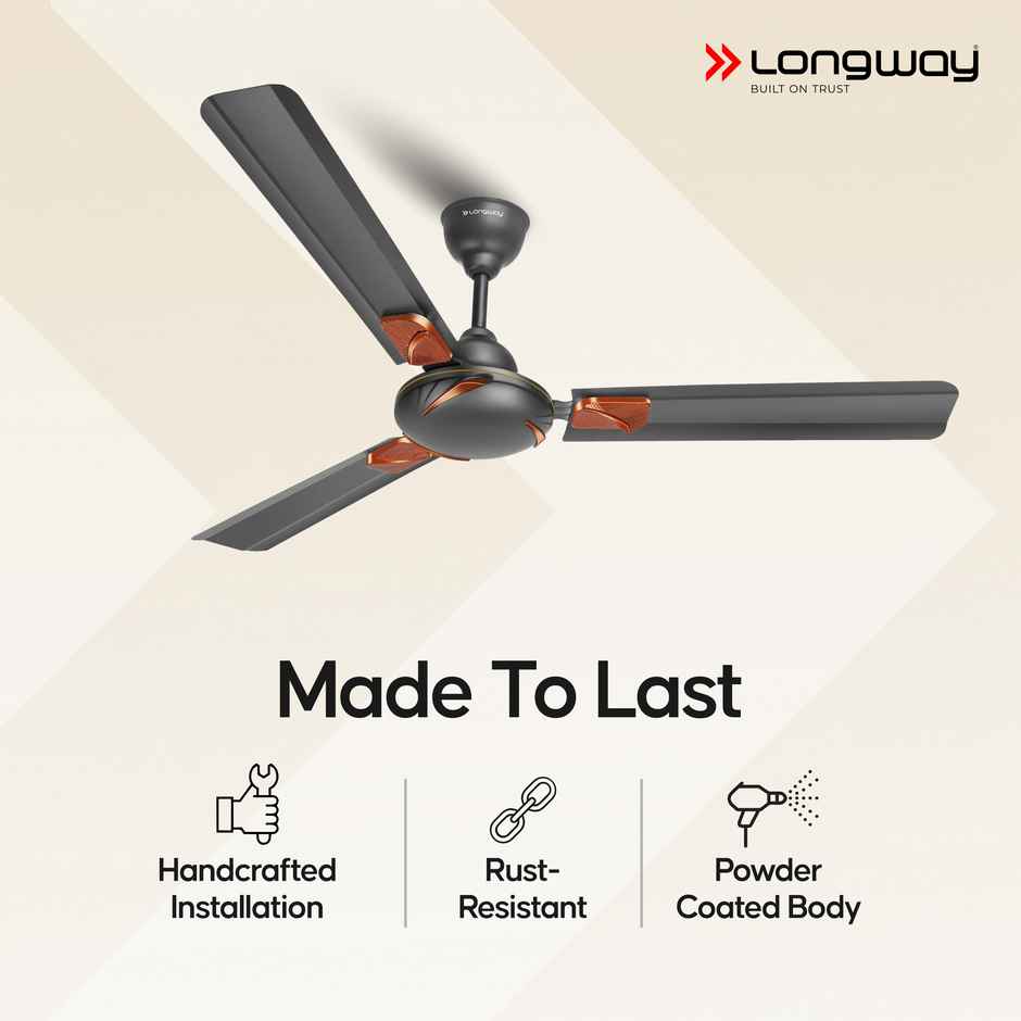 LONGWAY Creta P1 50W Ceiling Fan, 1200mm/48 inch, Ultra High Speed, Anti-Dust, Star Rated - Smoked Brown