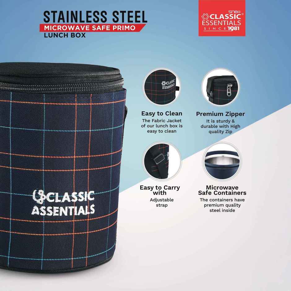 Classic Essentials Microwave Safe Insulated Leak Proof 3 Containers Lunch Box 1250 ml Blue