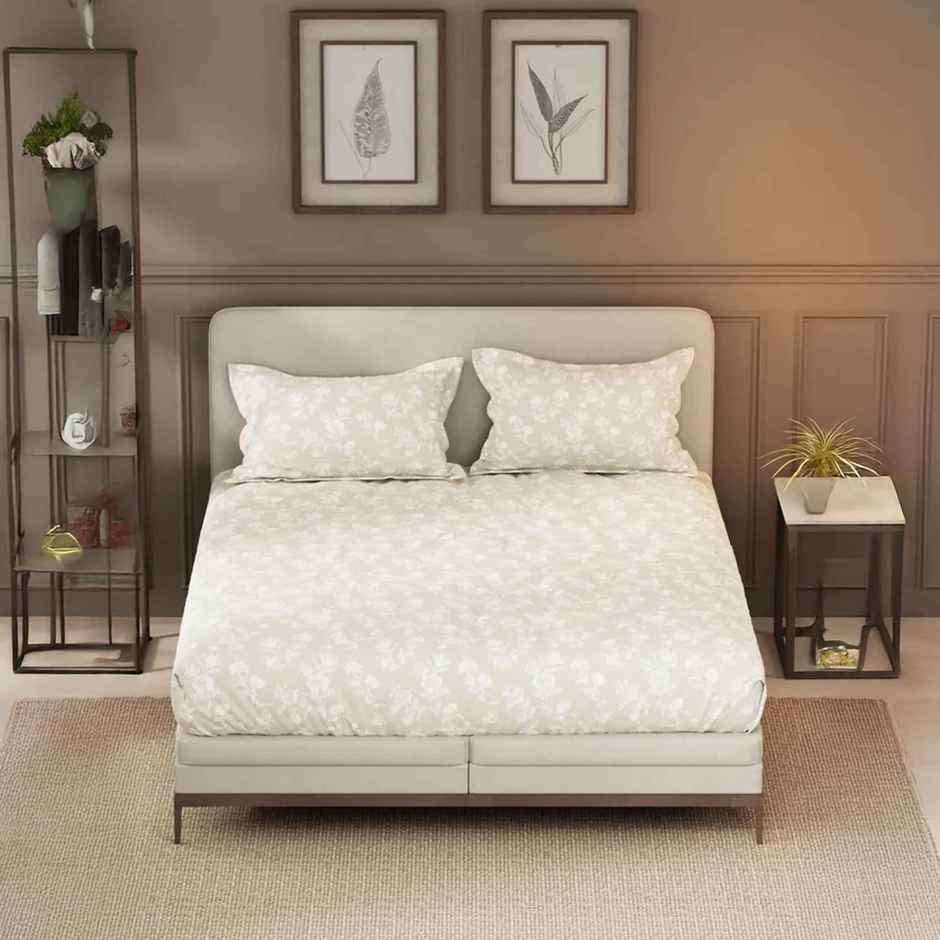 Nautica Designer 100% Satin Cotton Xl King Bedsheet With 2 Pillow Covers - 3Pc Set Floral-Sand