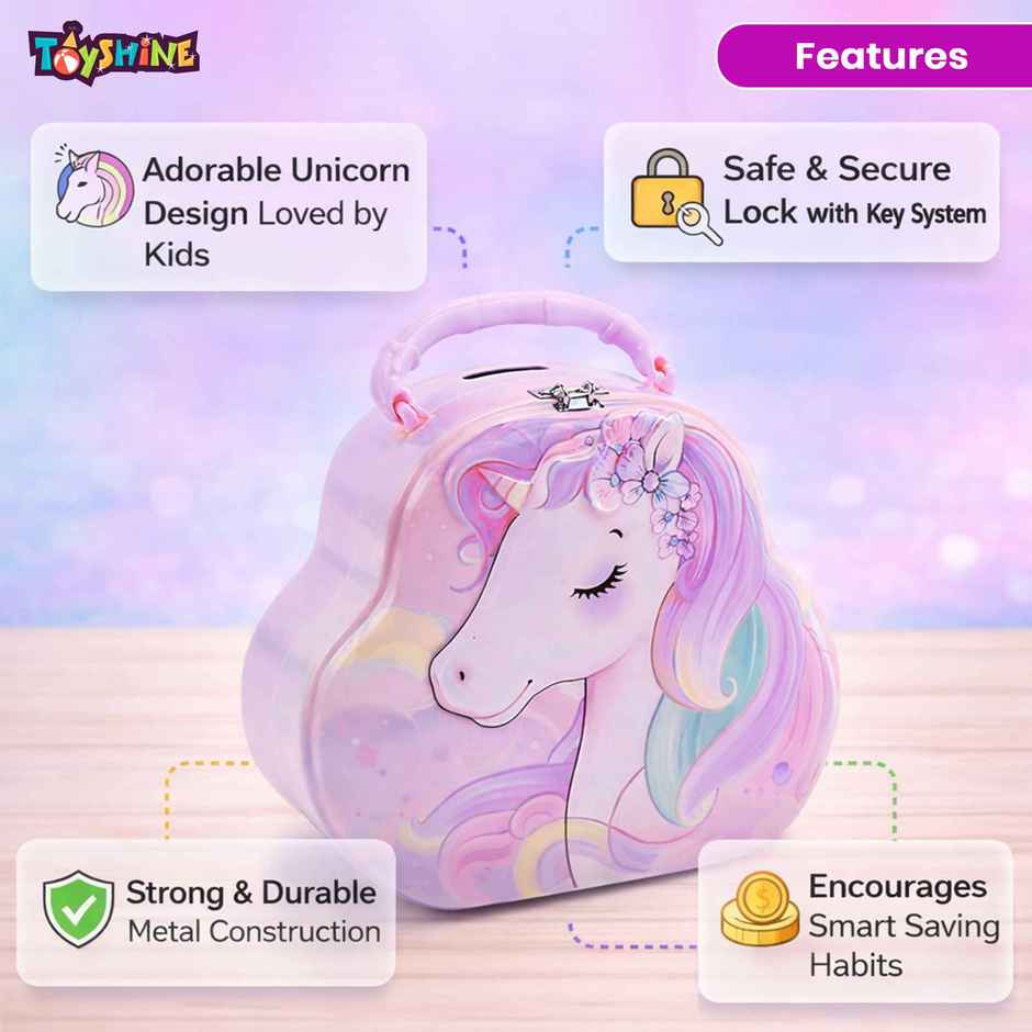Toyshine Unicorn Metal Piggy Bank Lock and Key Kids Savings Box | Purple