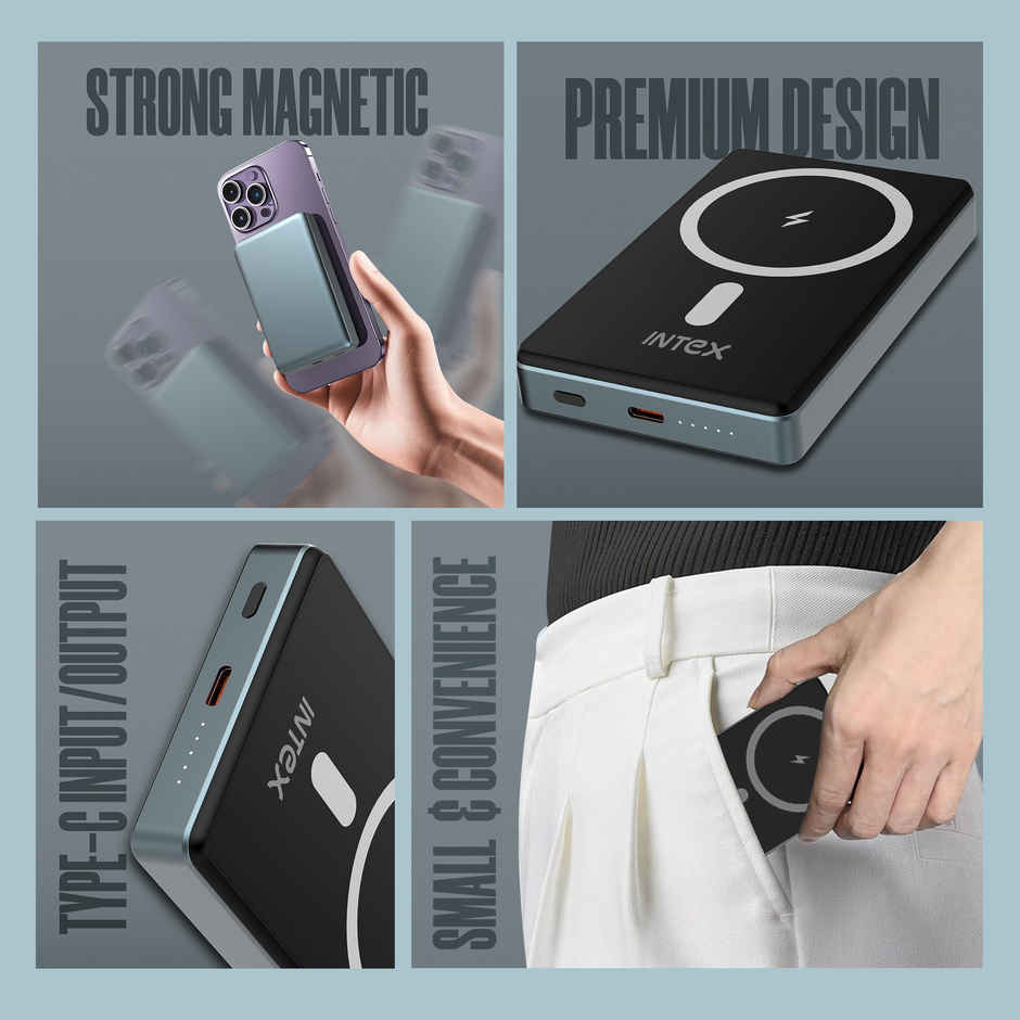 Intex 10000 mAh 15 W Wired & Wireless With MagSafe Pocket Size Power Bank(Lithium Polymer, Fast Charging for Mobile) - Black