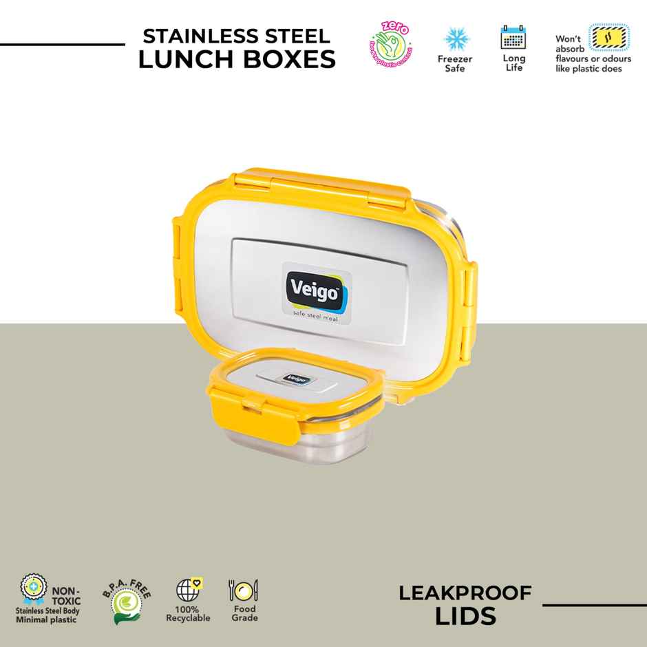 Veigo Jumbo W/veg Box- Stainless Steel Leakproof Lunch | 950+180 ml for School | Pack of 2 - Yellow