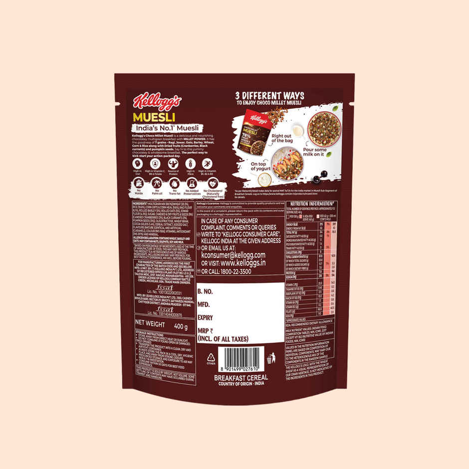 Kellogg's Choco Millet Muesli 78% Fruit, Seeds And Multigrain|Power Breakfast|No Maida No Palm Oil