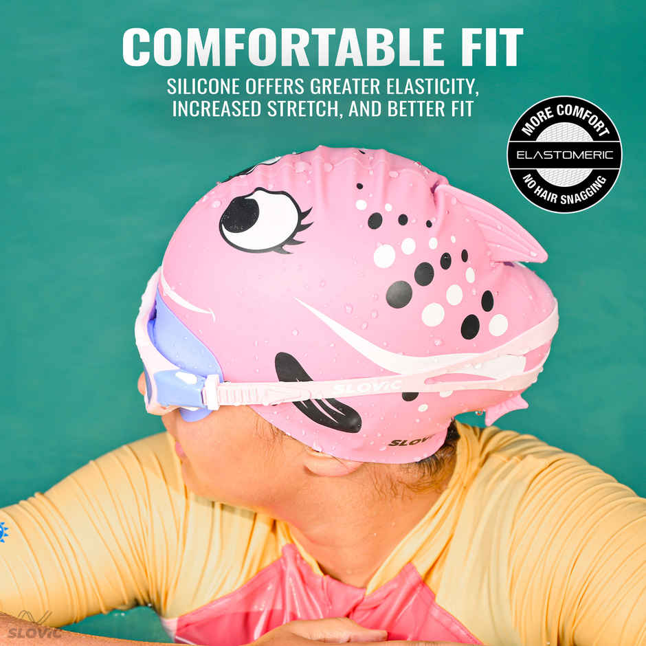 Slovic Kids Swimming Cap - Fish Design (Red Rose), Soft Stretchable Waterproof Swim Cap