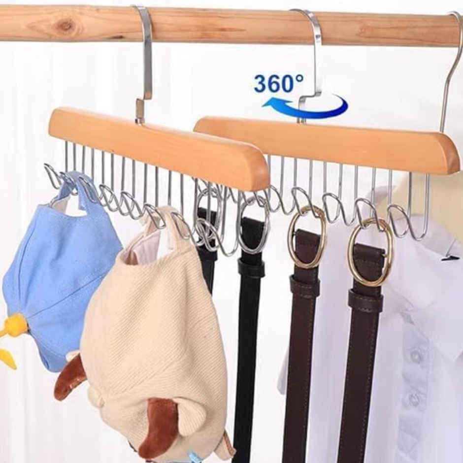 Perpetual Wooden Hangers | Adjustable 8-Hook Wardrobe Hanger for Accessories | Pack of 3