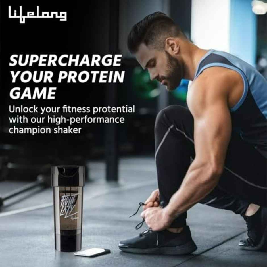 Lifelong Protein Shaker With Extra Compartment Bpa Free Sipper Bottle|500Ml | Llshb02 Black Plastic