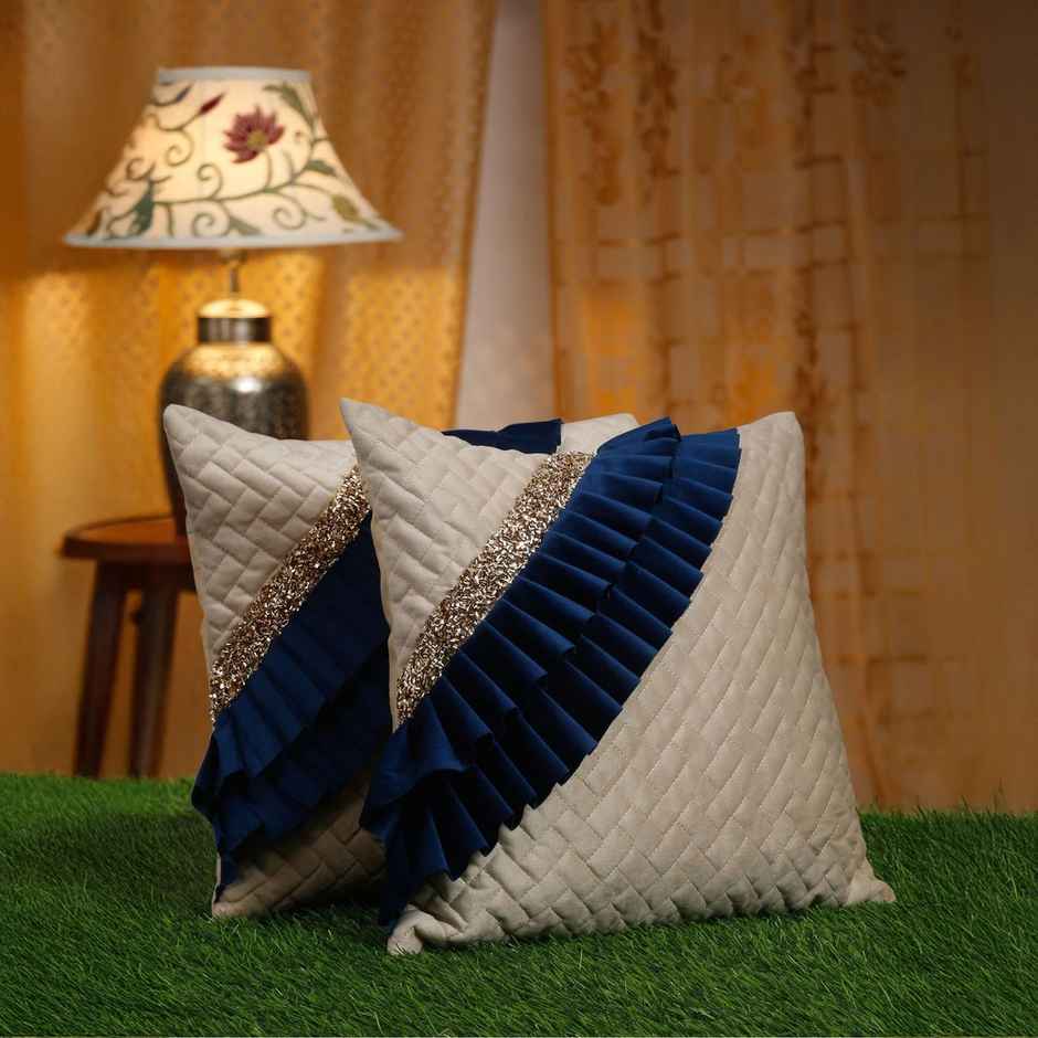 Hosta Homes Soft Quilted Velvet Blue Side Frill Pattern Cushion Covers | Pack of 2