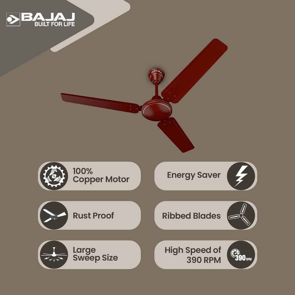 Bajaj Frore Turbo Ceiling Fans, 52 Watts, 1200mm/48 Inches,Energy Efficient Ceiling Fan | Rust Free Coating For Long Life -  Brown
