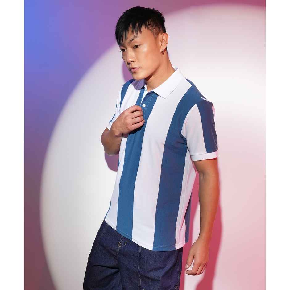 Campus Sutra Men's Striped Polo Neck T-shirt | White - XL