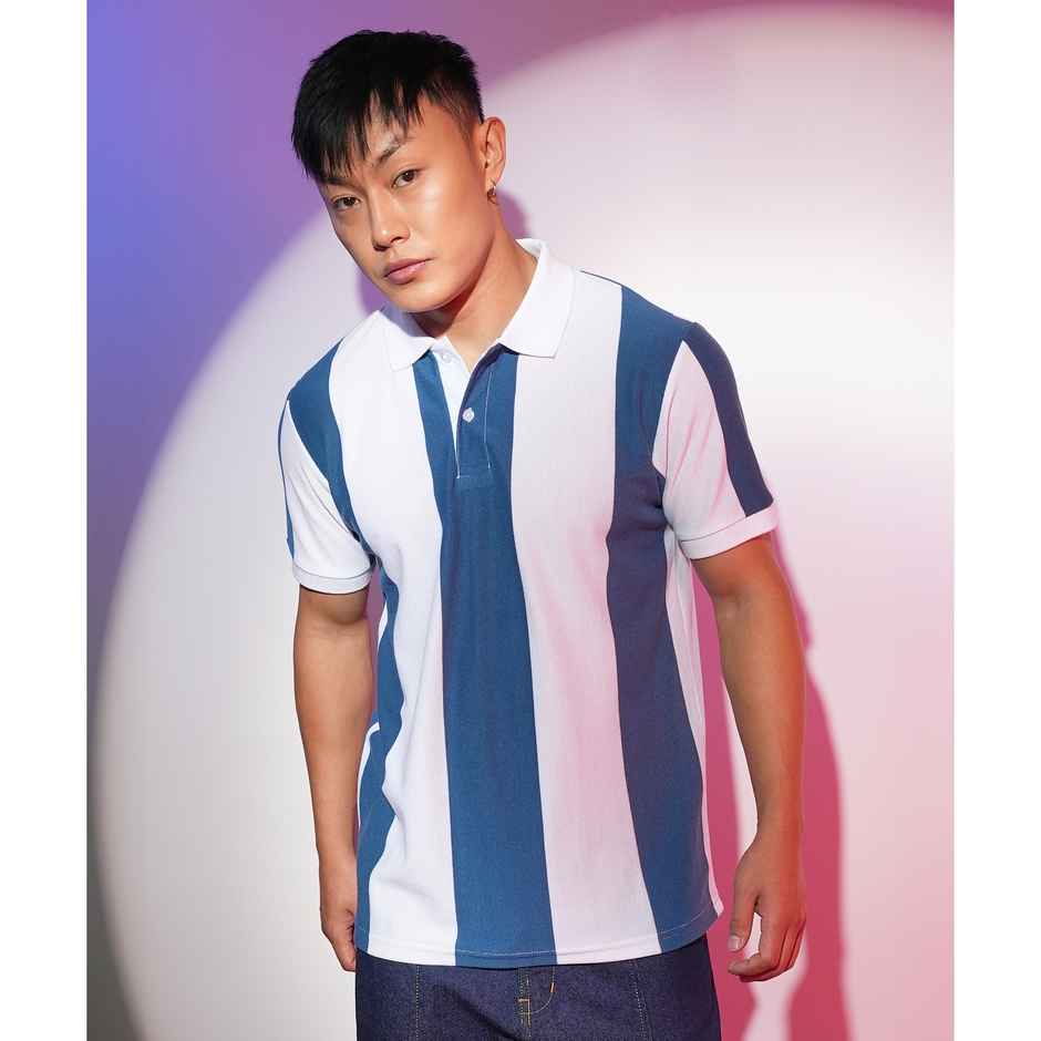 Campus Sutra Men's Striped Polo Neck T-shirt | White - XL