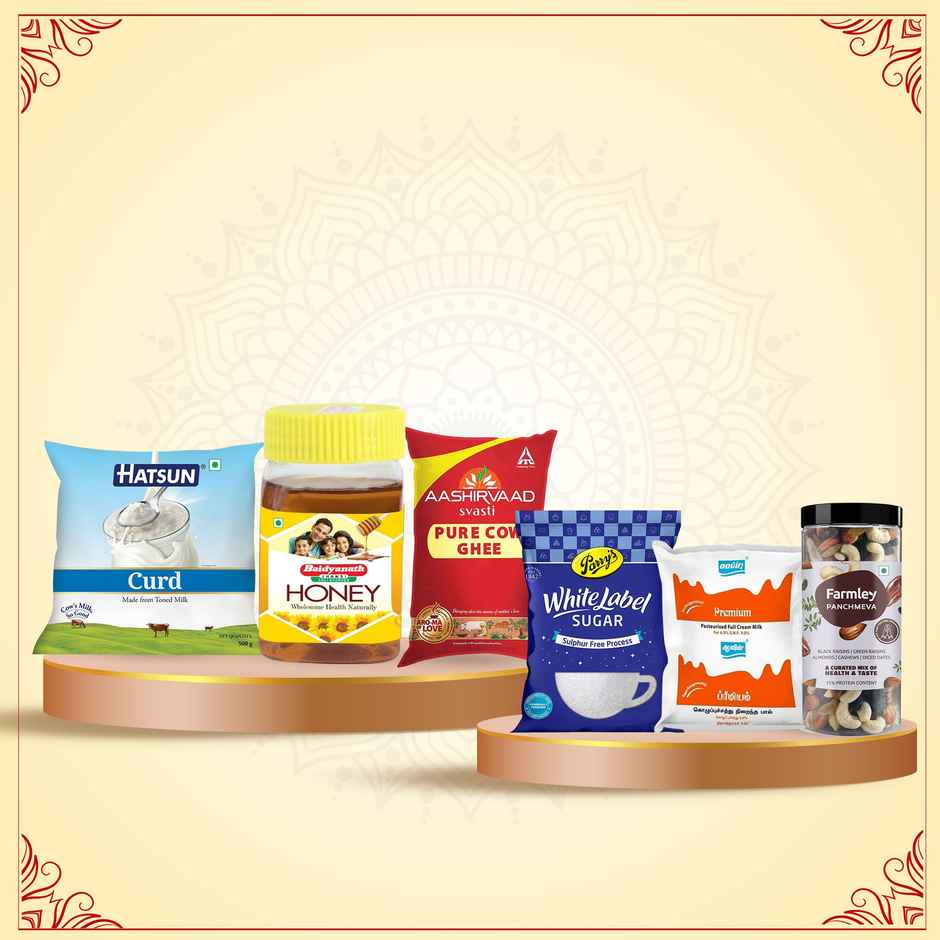 Hatsun Curd Pouch (500g) & Aavin Premium Full Cream Fresh Milk (Pouch) (500ml) & Baidyanath Honey | Zero Added Sugar (50g) & Parrys White Label Sugar (1kg) & Aashirvaad Pure Cow Ghee, Pouch, Rich Aroma (1l) & Farmley Mix Dry Fruits Panchmeva- Almonds, Cashews, Dates, Black Raisins, Green Raisins (405g) Panchamrit Combo