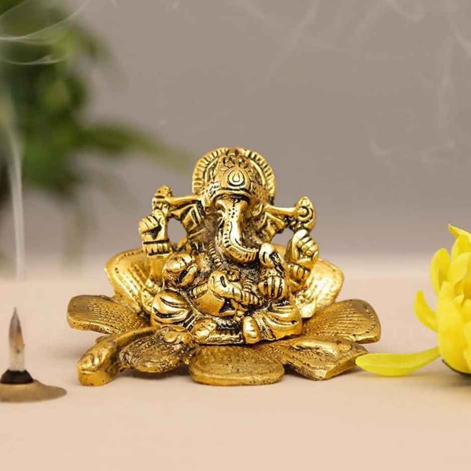 Ganesh Ji Idol with Laptop in Gold Polish | Devnidhi