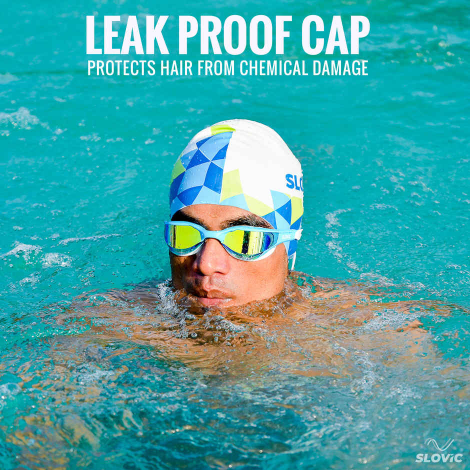 Slovic Adult Swimming Cap - White & Blue Pattern, Stretchable Waterproof Comfortable Fit