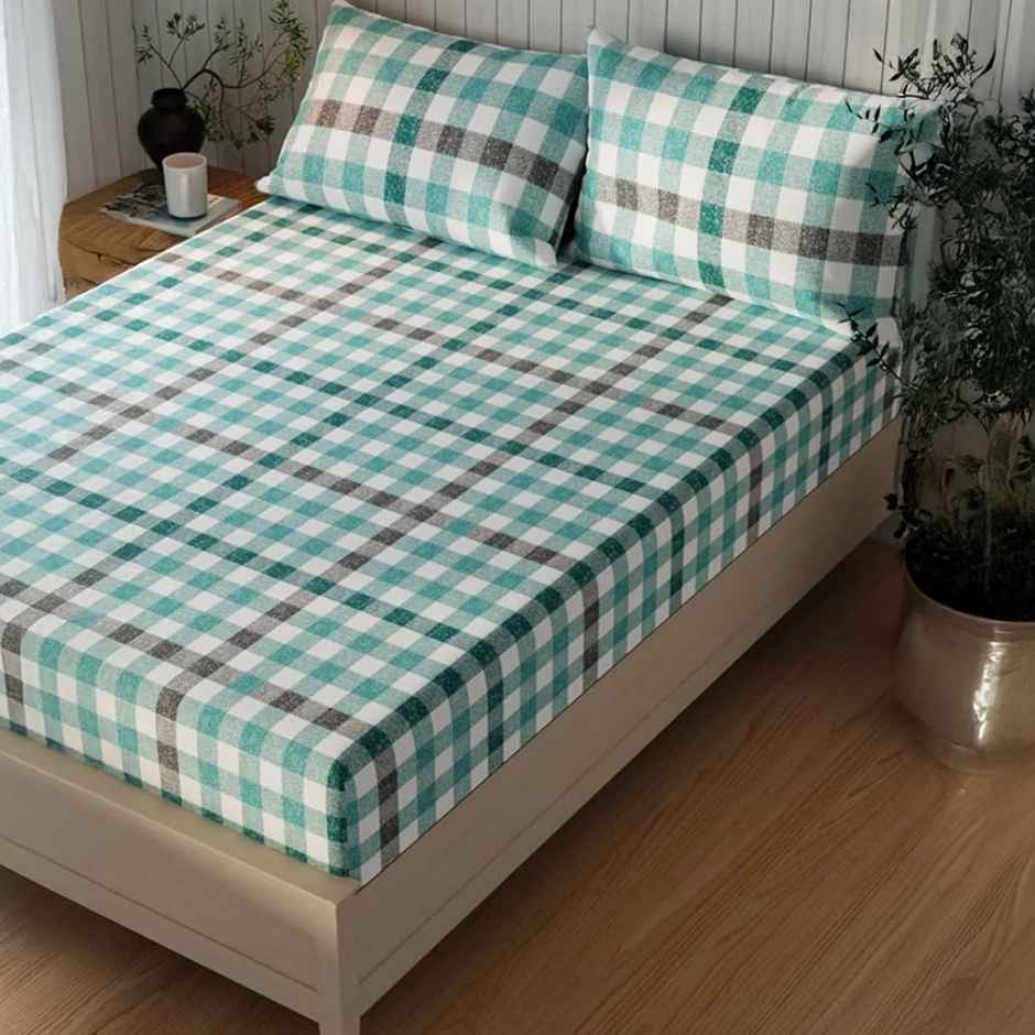Kopa Extra Smooth Cotton Double Bedsheet With 2 Pillow Covers | Set of 3 | Lopez Checks | Teal