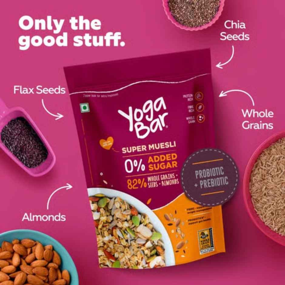 Yoga Bar Super Muesli,No Added  Sugar,Probiotics & Prebiotics,82%Whole Grains+Seeds+Almonds