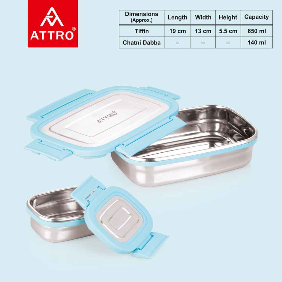 Attro Click Eat Junior Stainless Steel Lunch Box with 1 Small Box - 650 + 140 ml Sky Blue