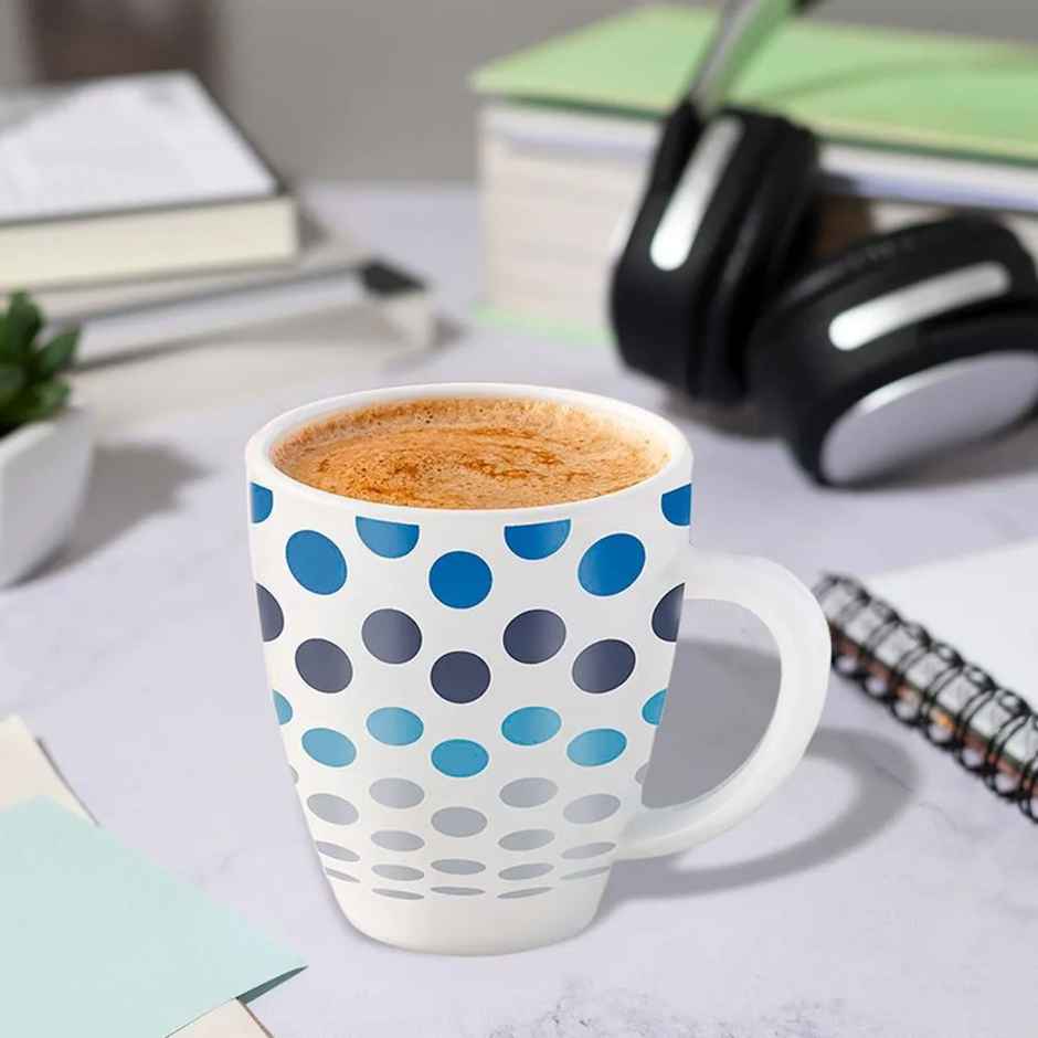Larah By Borosil Polka Blue Opalware Mug, Tea/Coffee Mugs, 390 ml Each, Microwave & Dishwasher Safe