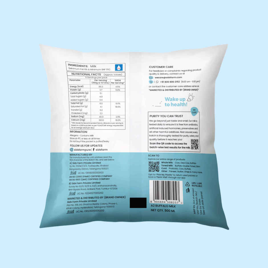 Sid's Farm Tested A2 Buffalo Milk (No Antibiotics . No Hormones . No Preservatives)