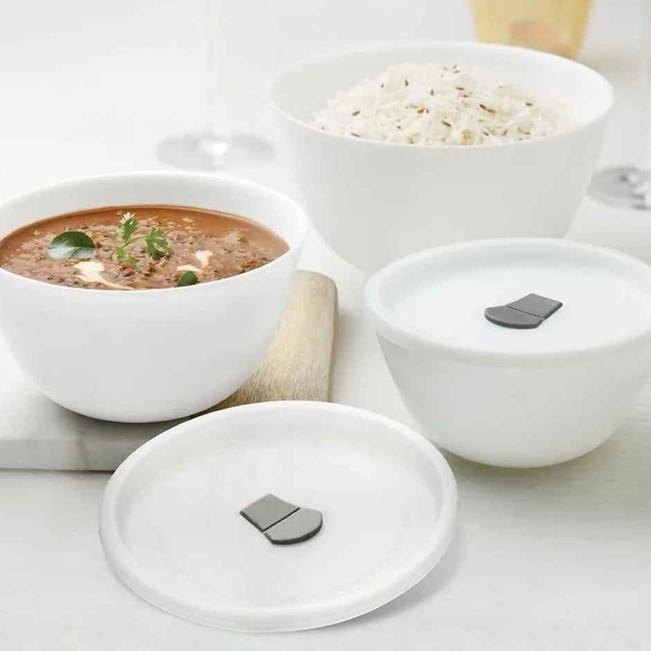 Larah By Borosil Opalware Mixing Bowl 6 Pcs Set With Lid (500Ml X 1 + 750Ml X 1 + 1000Ml X 1), White