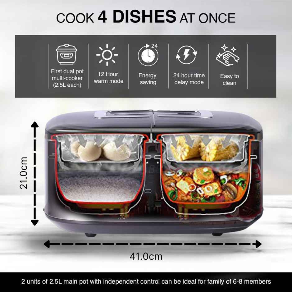Sharp Electric Twin Cooker KN-TC50VI-SL | 5 L Non-Stick Pot | 2.5 L x 2 Each | Silver