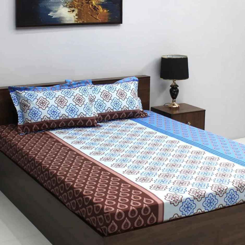 Bombay Dyeing Ivyrose 110 Tc 100% Cotton Queen Bedsheet With 2 Pillow Covers - Blue Brown