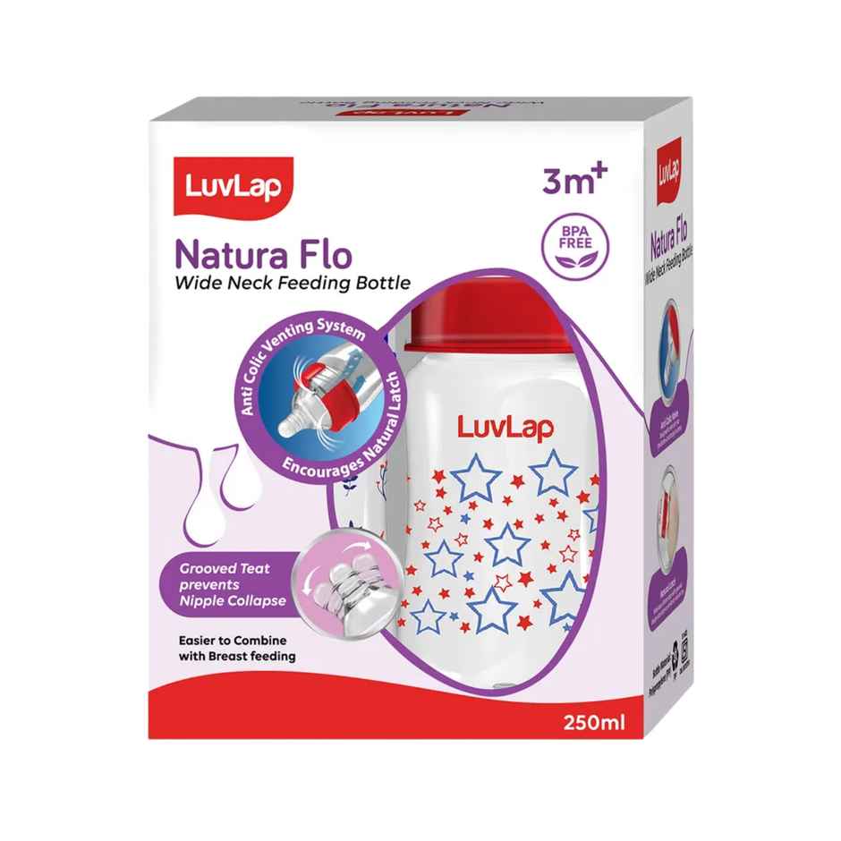 LuvLap Wide Neck Bottle with Anti-Colic Flexible Nipple, Fast Flow, Upto 3 Years, BPA Free