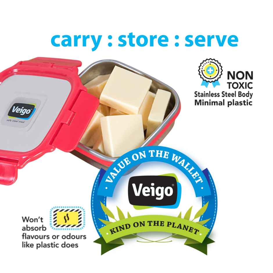 Veigo Medium Stainless Steel Leak Proof Lunch Box Container | 330 ml Office | School | Storage- Red