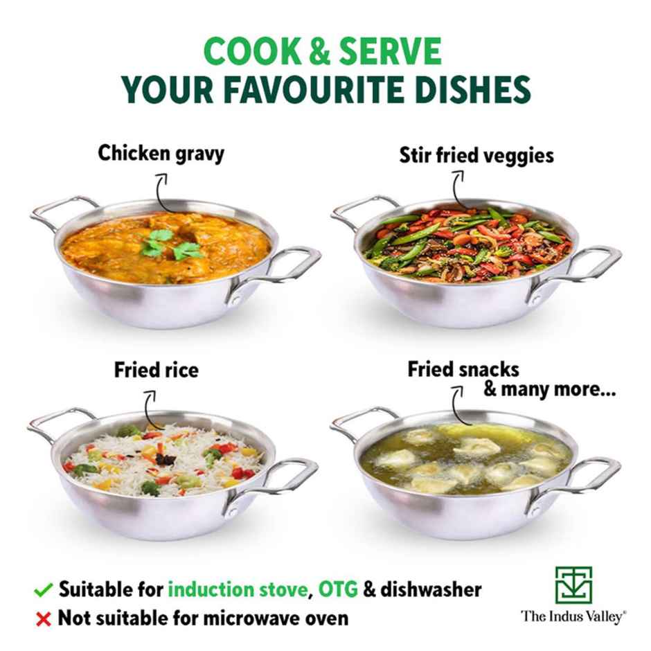 The Indus Valley Triply Stainless Steel Kadai with Glass Lid | Large 26cm/10.2 inch, 3.5L, 1.3kg