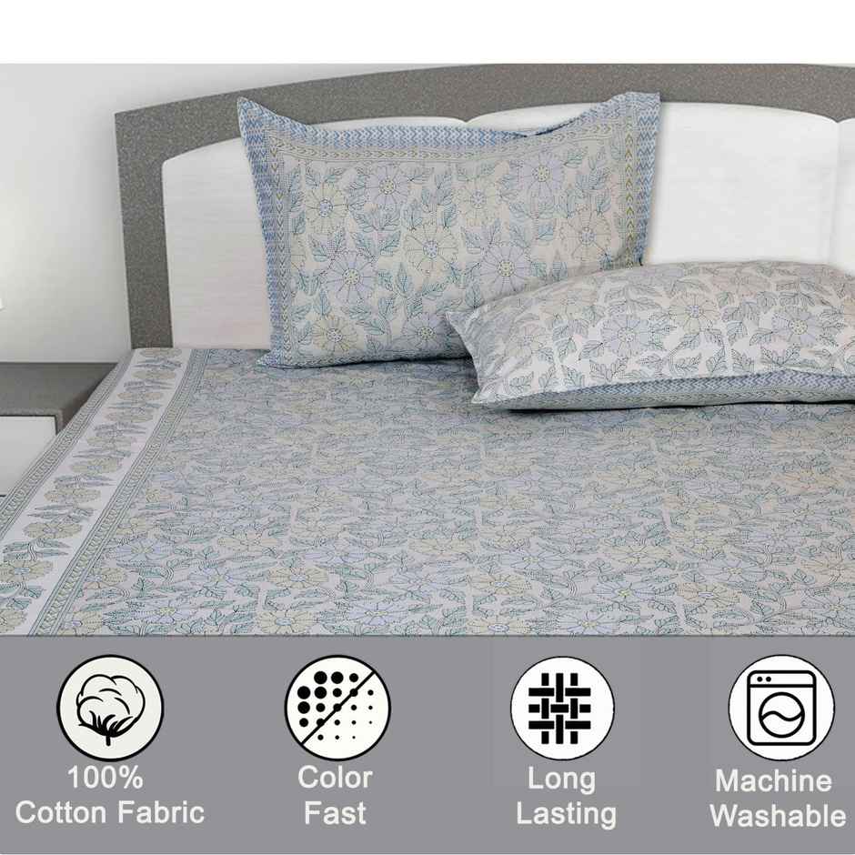 BAY6 100% Cotton King Bedsheet - 104 Inch X 88 in, Traditional Blue Floral Design