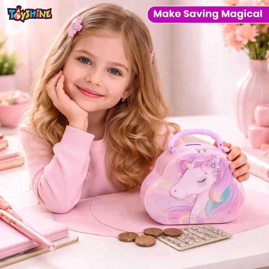 Toyshine Unicorn Metal Piggy Bank Lock and Key Kids Savings Box | Purple