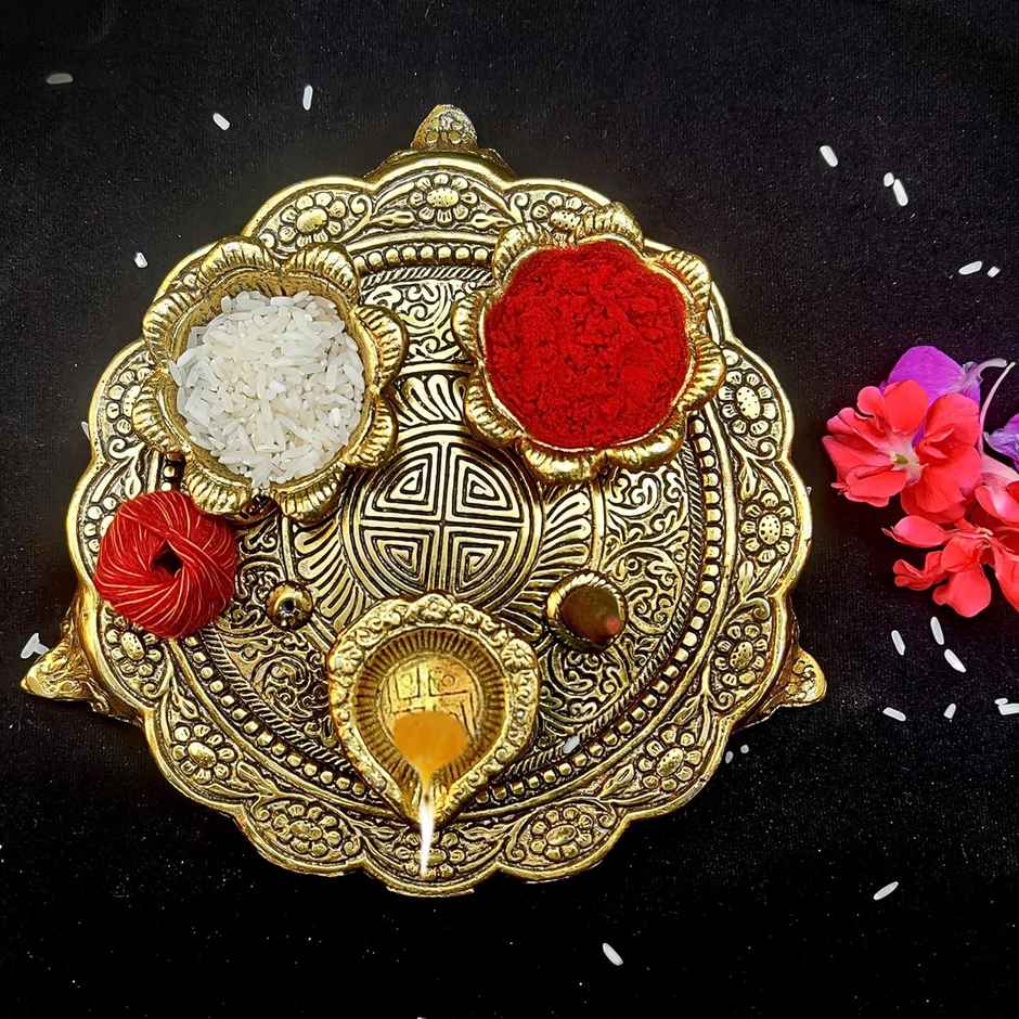 Pooja Thali Set 2+1 | Gold Polish | Medium Size | Devnidhi