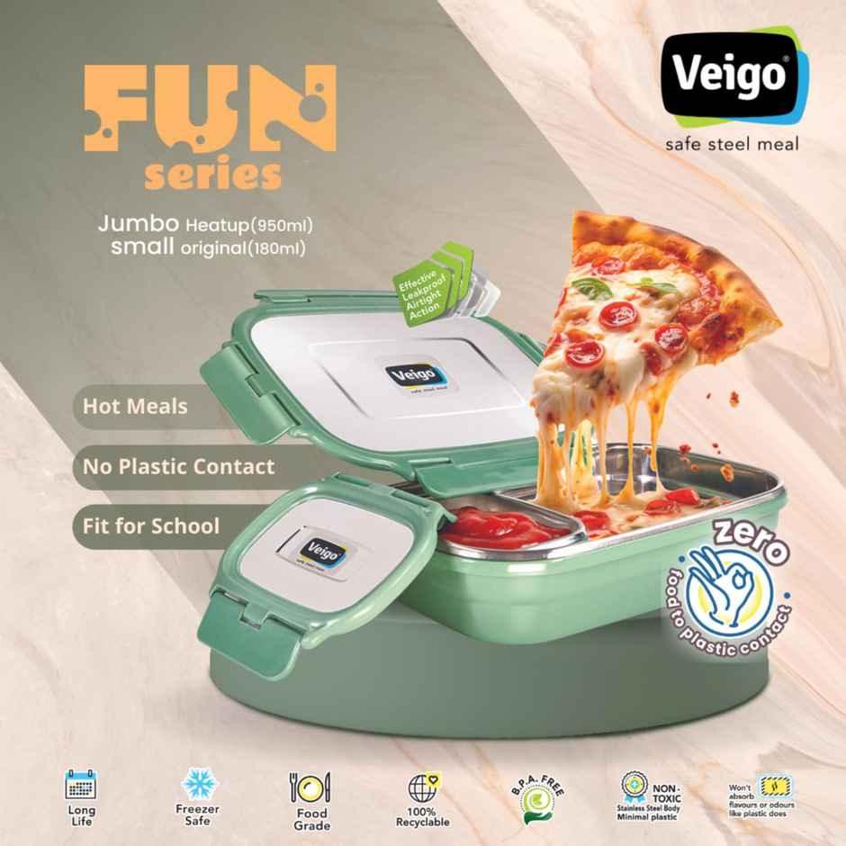 Veigo Jumbo Fun - Stainless Steel Leak Proof Insulated Tiffin W/Veg Box(950+180 ml) Military Green