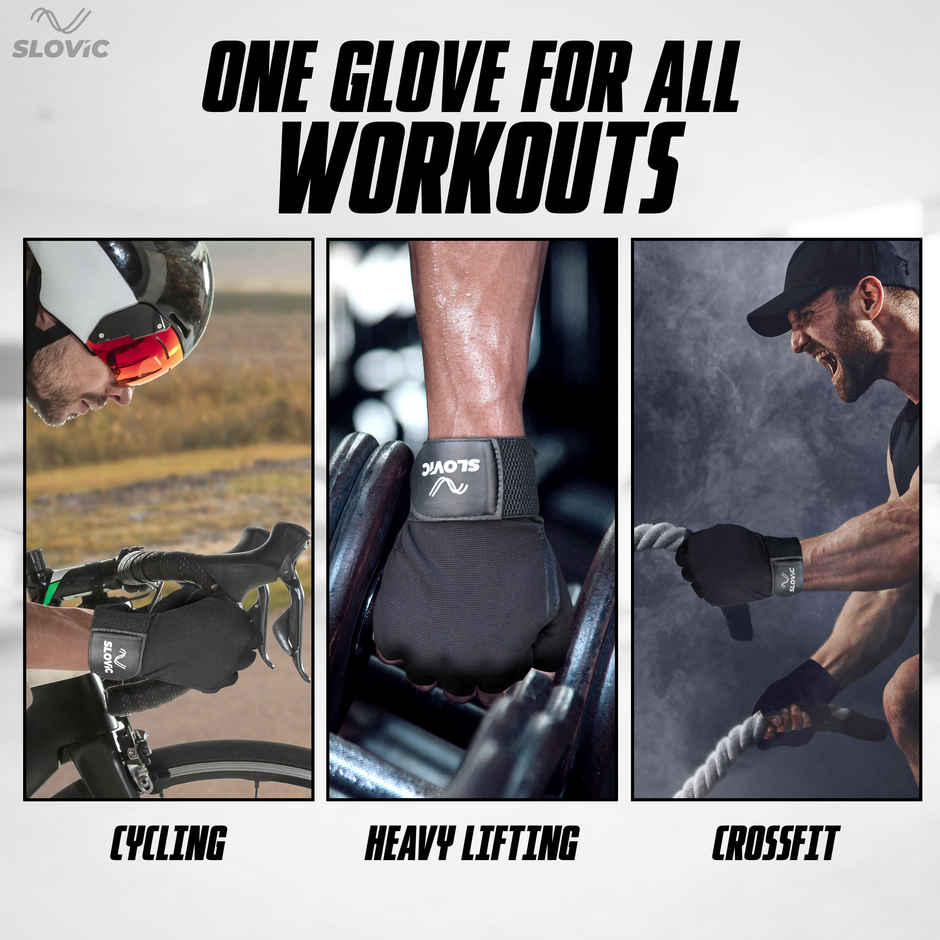Slovic Leather Gym Gloves for Men & Women Weightlifting & Workout - Black