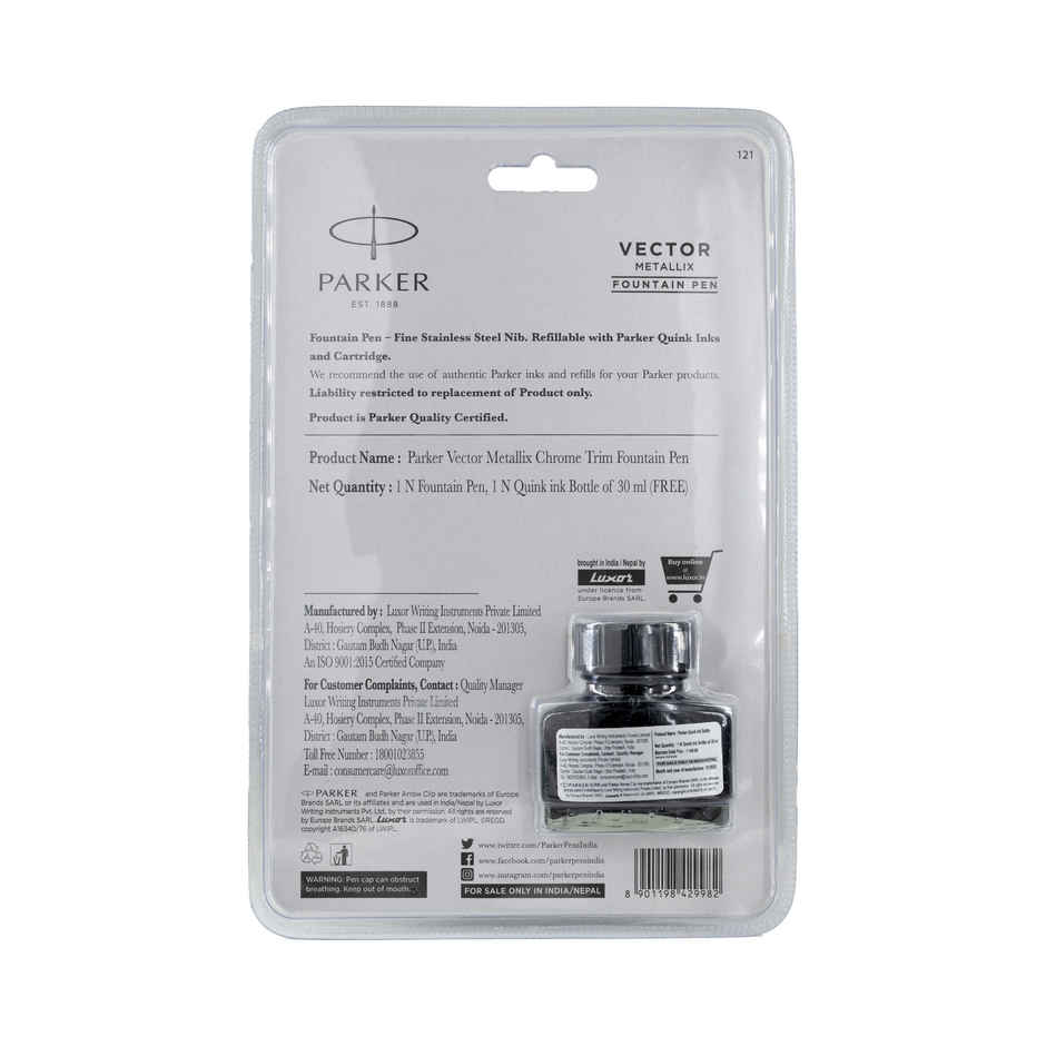 Parker Vector Metallix Fountain Pen | Fine Nib | Black Body | Gift Set