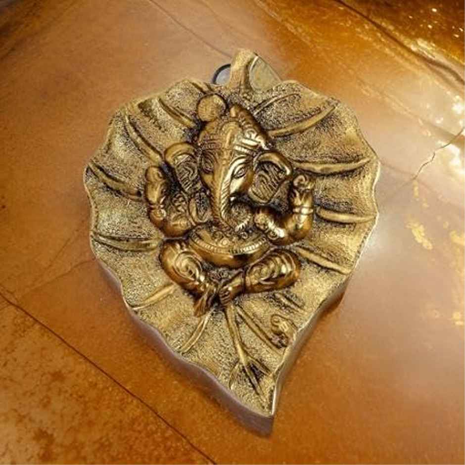 Ganesh Ji on Golden Peepal Leaf Wall Hanging in Gold Polish | Devnidhi