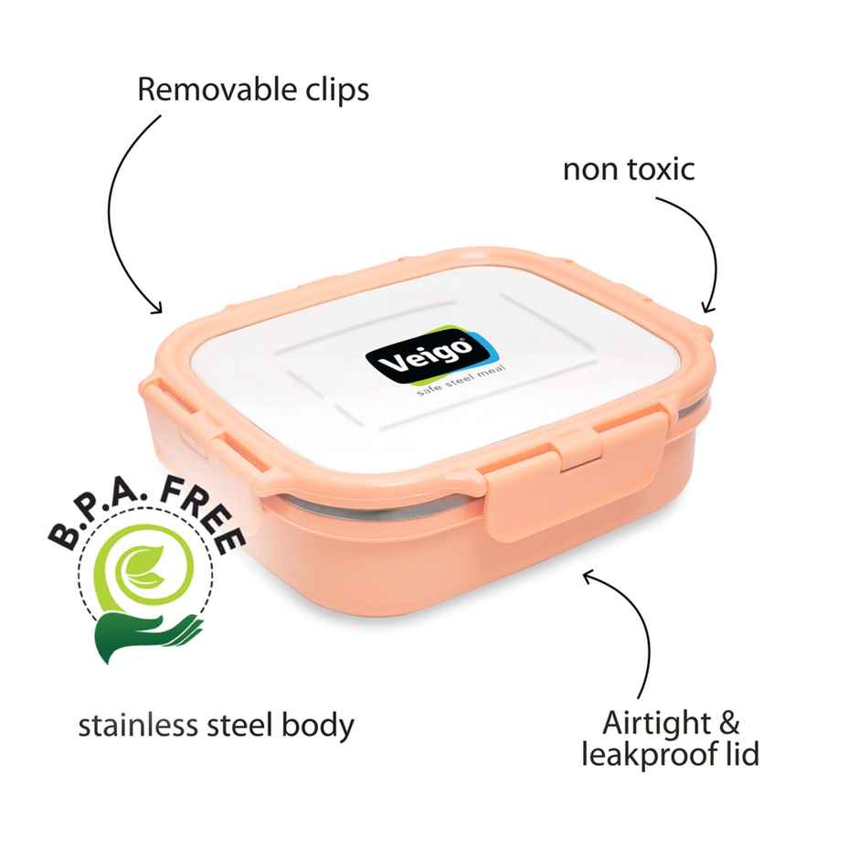 Veigo Heatup Large - Microwave Safe Stainless Steel Leakproof Tiffin Box (630Ml) Peach Fuzz