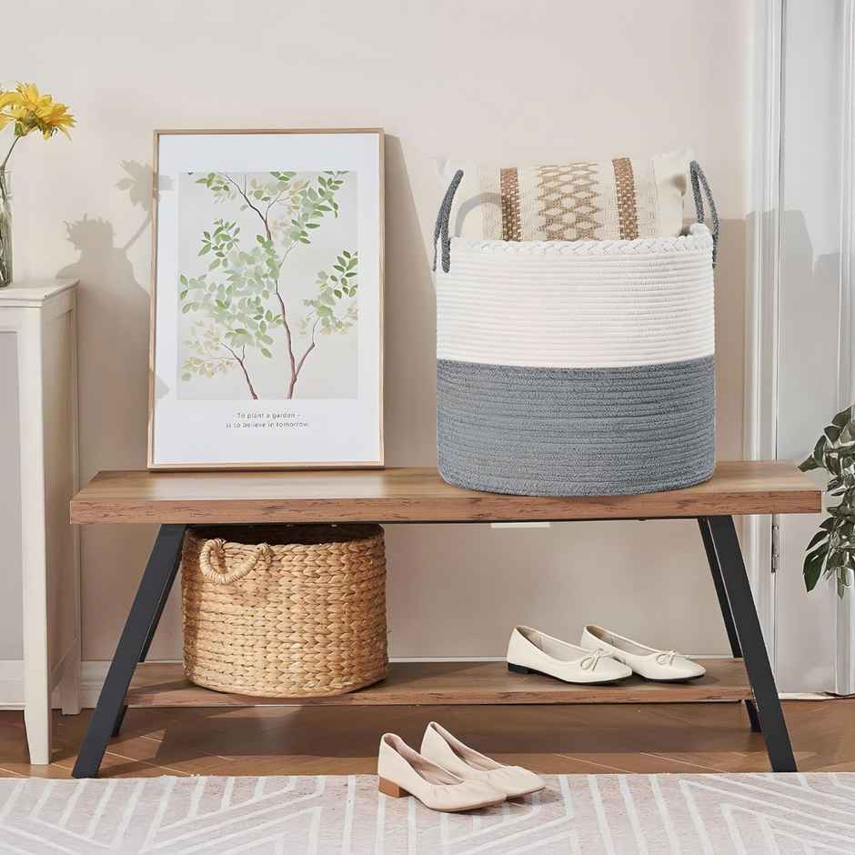 PrettyKrafts Jute Basket | Organizer for Toys, Laundry, Clothes & Planter Use - White Grey