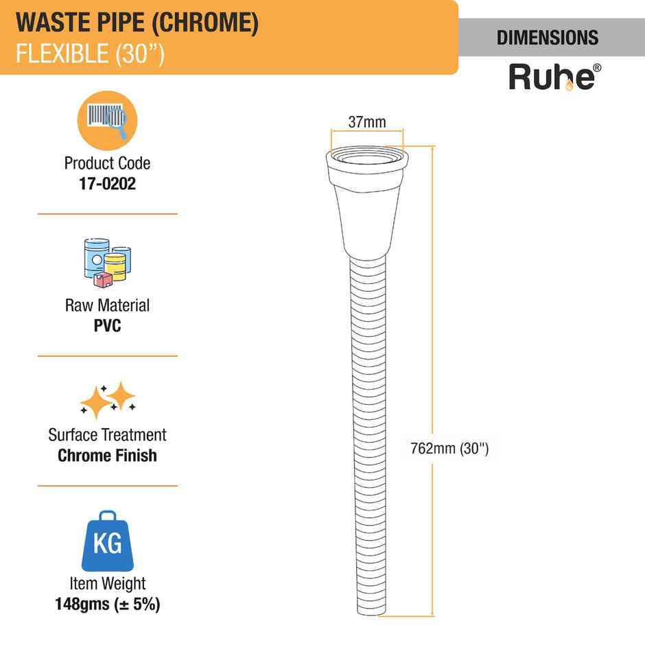 Ruhe PVC Flexible Waste Pipe with Chrome Finish (30 Inches)