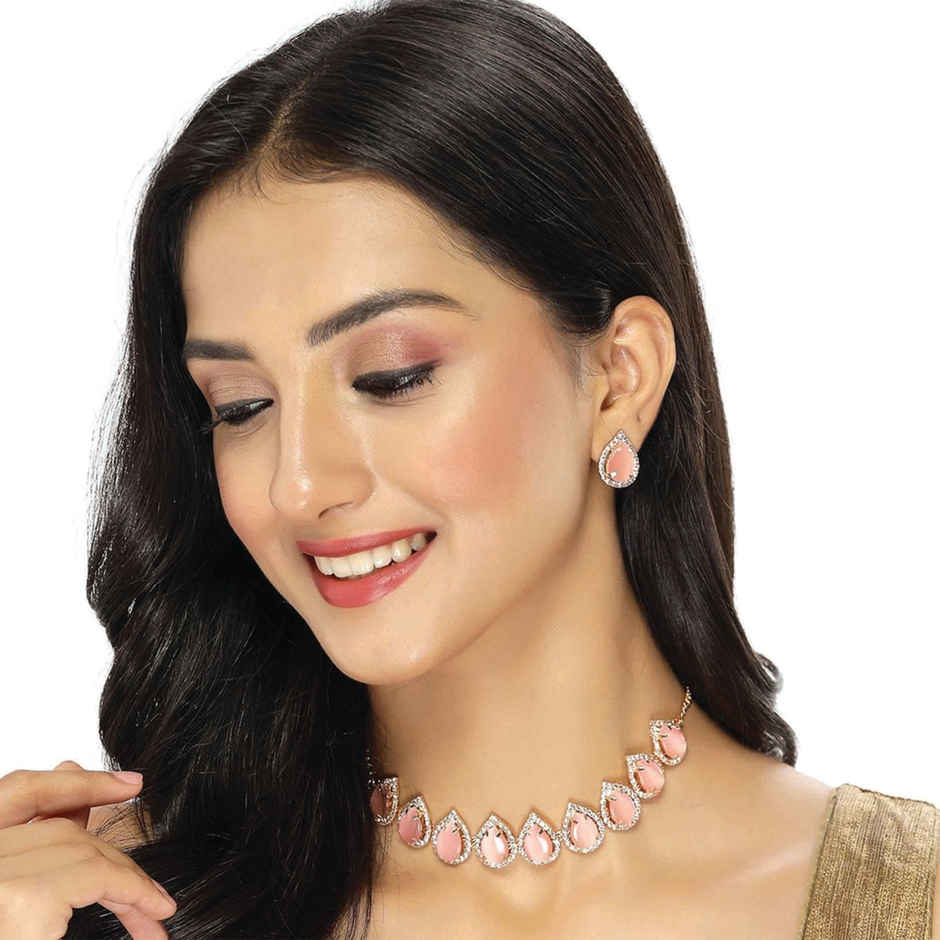 Sukkhi Elaborate Gold-Plated With Ad Pink Stones Collar Bone Necklace Set
