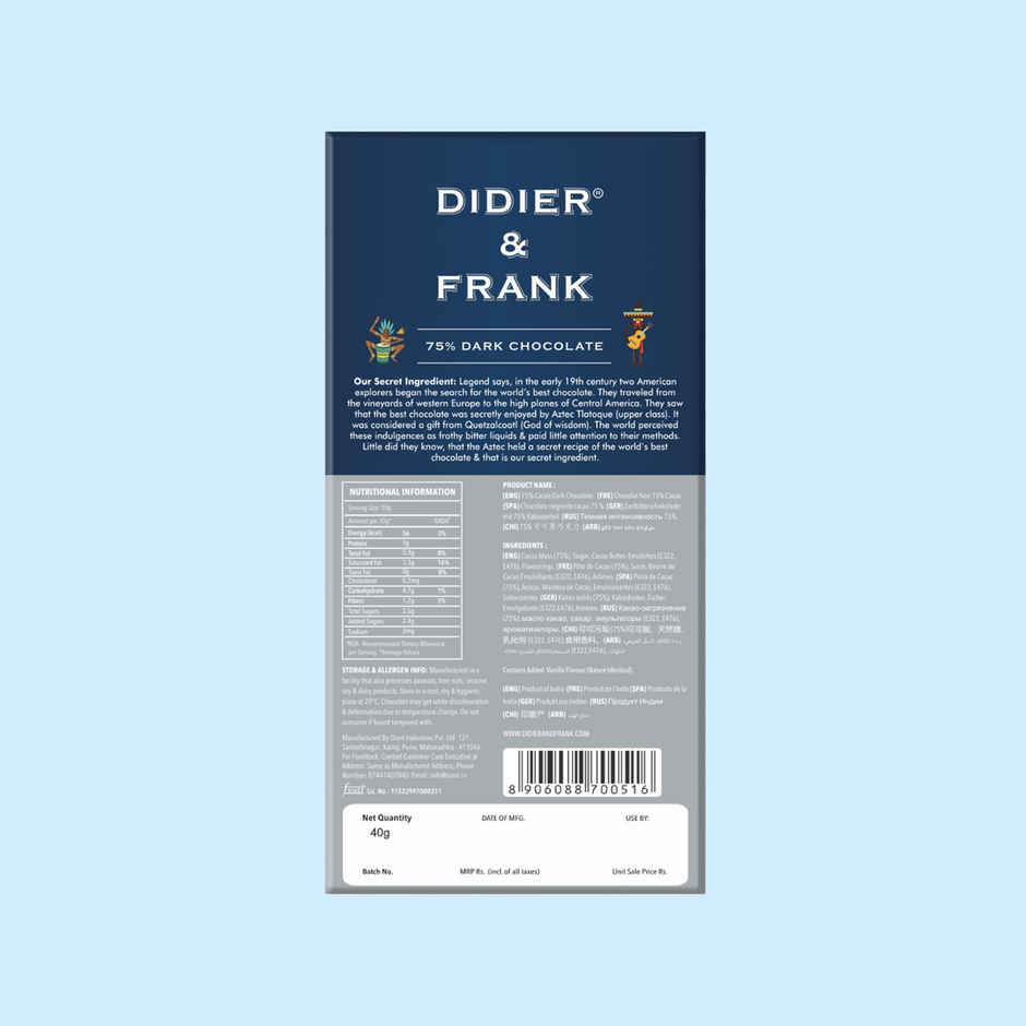 Didier & Frank 75% Dark Chocolate Bar | Intense Dark